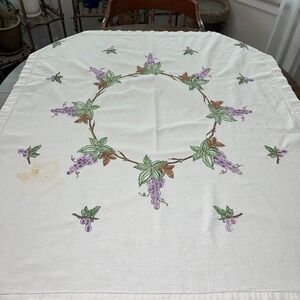 Vintage Cotton Tablecloth Hand Embroidered Grapes Vines 44x50 Cottagecore Wine